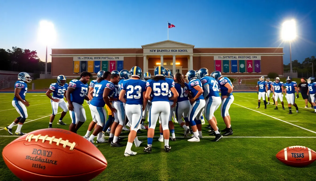 New Braunfels High School football players in a team huddle on the field.