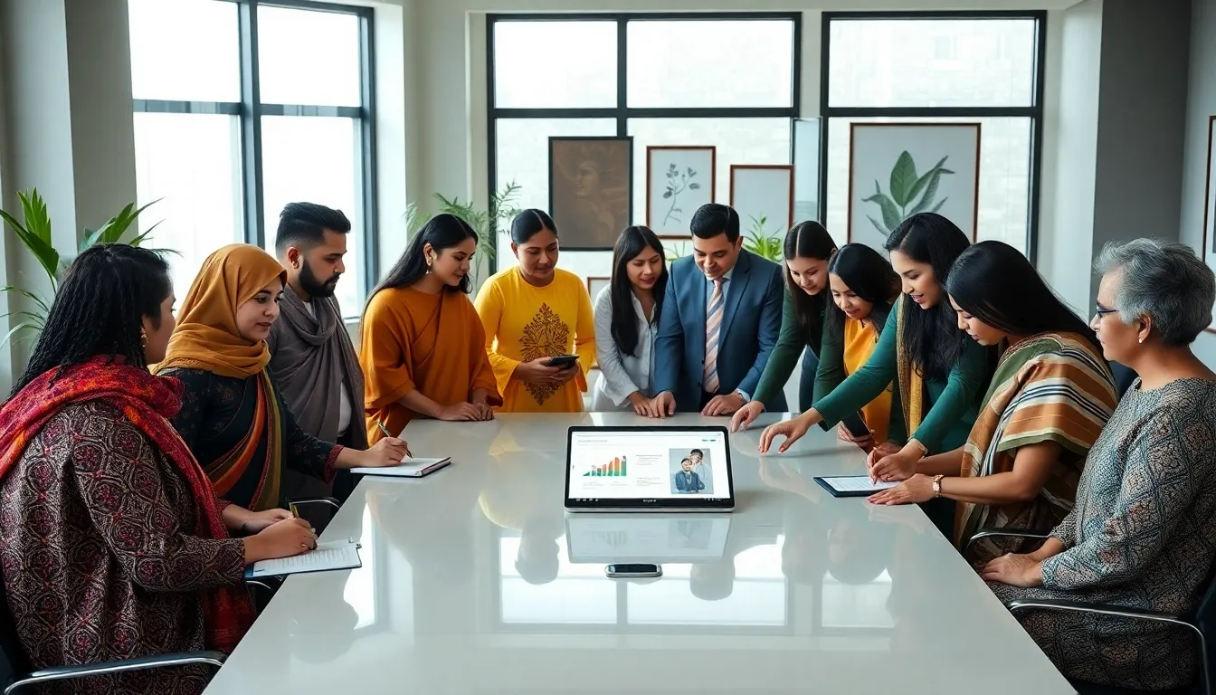 diverse professionals discussing Maydaedgin in a modern office.