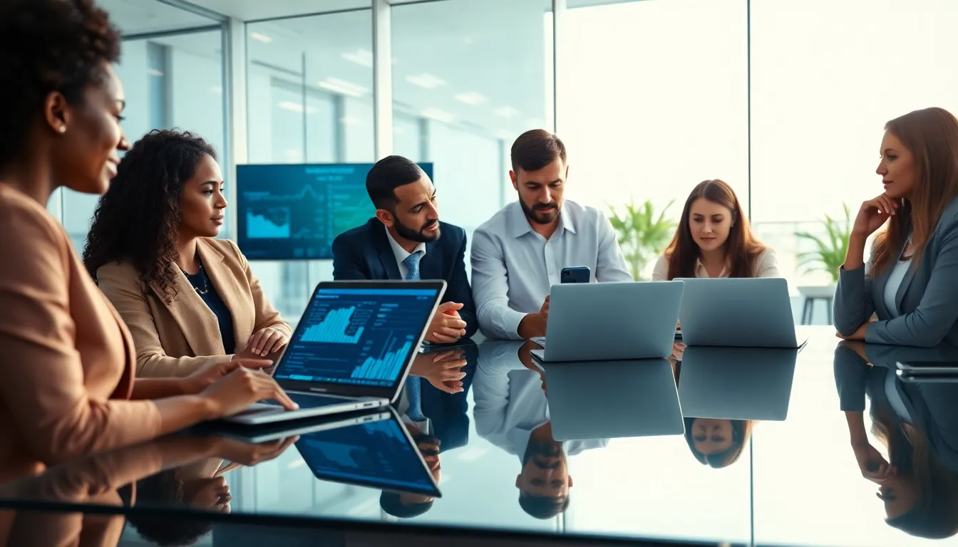 team collaborating on technology and data processing in a modern office.